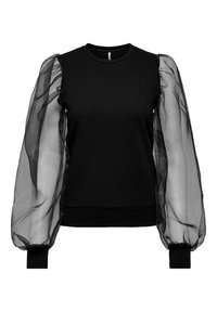 Sweat-shirt noir avec manches bouffantes en tulle transparent. Le corps est noir uni avec des poignets et un col côtelés.