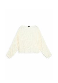 White cropped blouse with long sleeves, featuring a textured striped design and a wide neckline. Soft fabric with a loose fit.