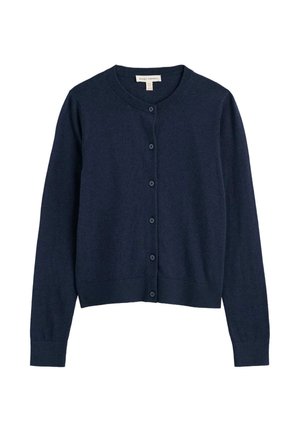 Tmavomodrý bavlnený kardigán s dlhými rukávmi, okrúhlym výstrihom a šiestimi gombíkmi vpredu, položený na bielom pozadí.