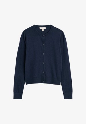 Tmavomodrý bavlnený kardigán s dlhými rukávmi, okrúhlym výstrihom a šiestimi gombíkmi vpredu, položený na bielom pozadí.