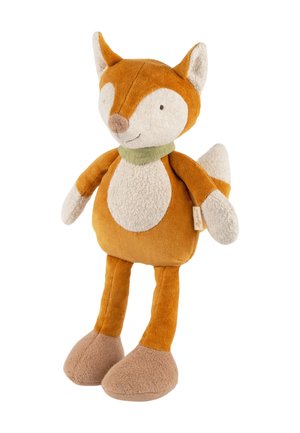 Plush fox toy with orange and cream fabric, a green collar, rounded ears, and a soft, textured body. Features embroidered facial details.