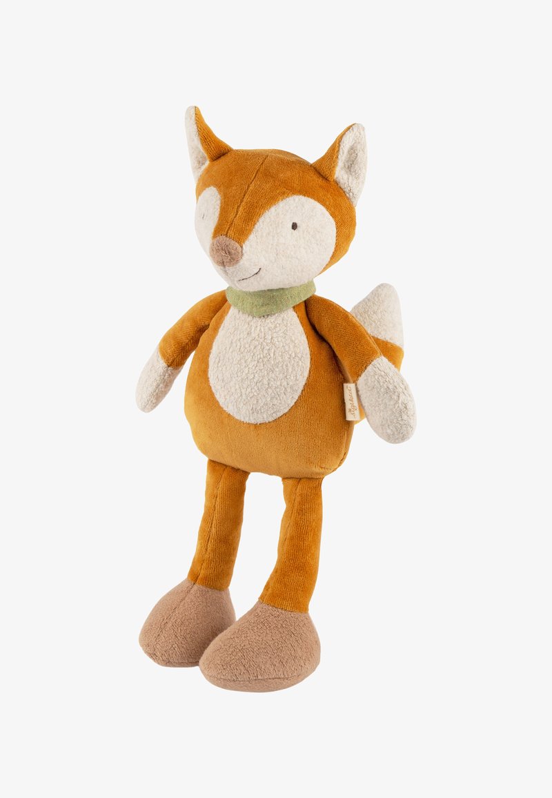 Jouet en peluche en forme de renard avec un tissu orange et crème, un collier vert, des oreilles arrondies et un corps doux et texturé. Présente des détails faciaux brodés.