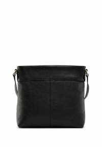 Czarna skórzana torebka o teksturowanej powierzchni, okrągłym kształcie i pojedynczym regulowanym pasku na ramię. Charakteryzuje się minimalistycznym designem bez widocznych elementów metalowych.