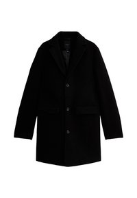 Zwarte wollen jas met een klassieke notch lapel, twee voorzakken en een sluiting met drie knopen. Soepele textuur en getailleerde silhoeette.