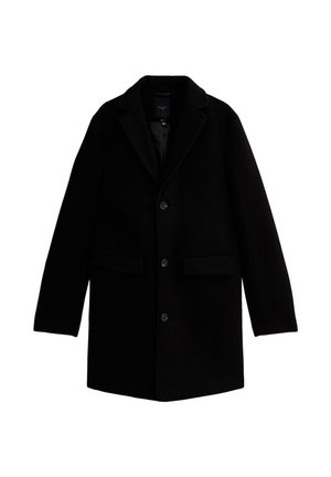 Zwarte wollen jas met een klassieke notch lapel, twee voorzakken en een sluiting met drie knopen. Soepele textuur en getailleerde silhoeette.