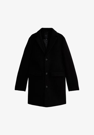 Zwarte wollen jas met een klassieke notch lapel, twee voorzakken en een sluiting met drie knopen. Soepele textuur en getailleerde silhoeette.