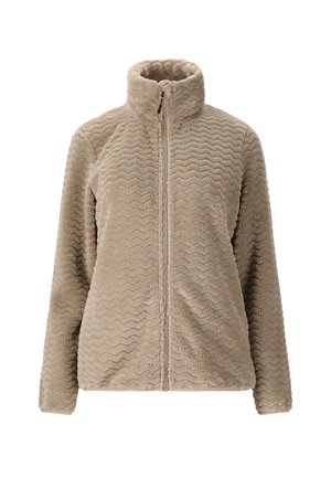 Beige fleece-takki, jossa on korkea kaulus, teksturoitu sahalaitakuviot ja etuvetoketju. Pehmeä materiaali ja pitkät hihat.