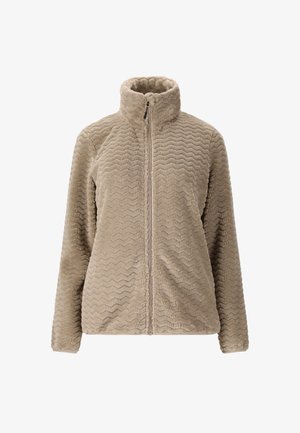Beige fleecejacka med hög krage, texturerat zigzagmönster och frontdragkedja. Mjuk material och långa ärmar.