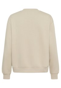 Beige sweatshirt with long sleeves, ribbed cuffs and hem. Made from soft material, featuring a crew neck and relaxed fit, plain texture.