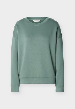 Blød grøn sweatshirt med rund hals, lange ærmer og ribkant ved ærmer og bund, vist mod en enkel lys baggrund.