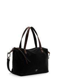 Juodas stačiakampis rankinukas su rudu leopardiniu raštu ant rankenų, sidabriniu užtrauktuku, nuimama petneša ir mažas sidabrinis logotipas priekyje.