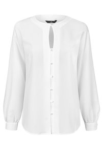 Biała bluzka z długim rękawem, okrągłym dekoltem, z przodu na guziki oraz z detalem w formie łezki. Miękki, gładki materiał z marszczonymi mankietami.