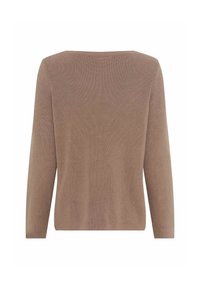 Pull en maille côtelée marron clair avec un large col et des manches longues. La texture est tricotée, offrant un look et une sensation de confort. Design simple et polyvalent.