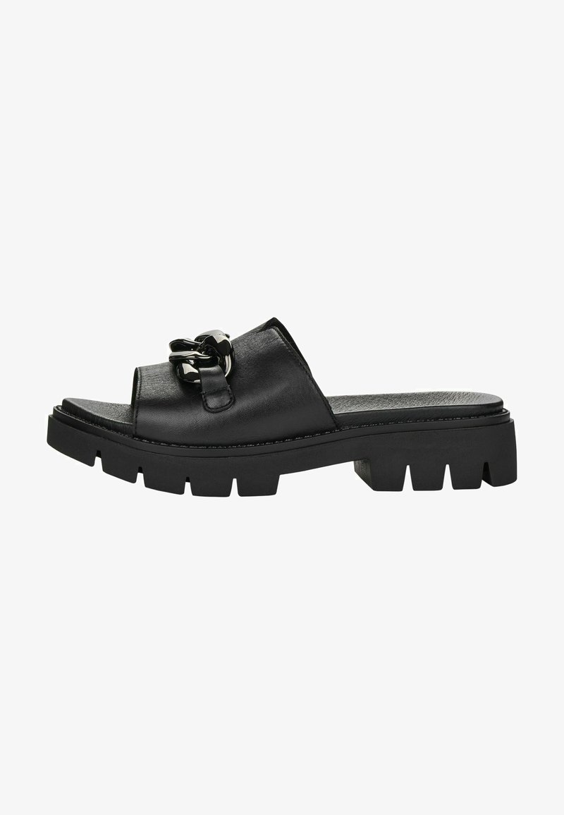 Black leather slide-on sandals featuring a wide strap and a decorative chain accent, with a chunky textured sole for grip.