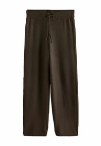 Pantaloni din fleece maro, cu un brâu elastic lat și �șnur. Prezintă o textură cu dungi laterale și lungimea scurtă. Material moale, croială lejeră.