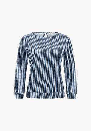 Long-sleeve top featuring a geometric pattern in blue and black. Made of lightweight fabric with a round neck and keyhole back detail.