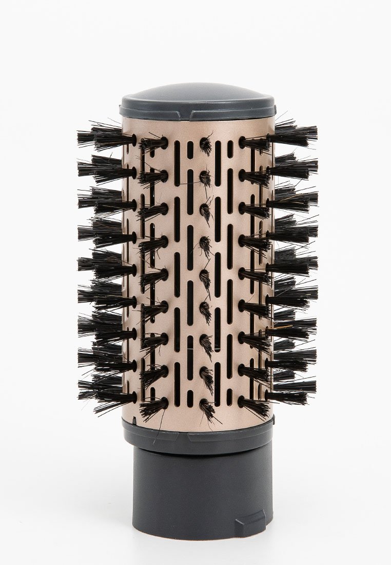 Bürste, zylindrisches Design, metallisches Gold und Schwarz, mit Borsten und Belüftungslöchern zur Wärmeverteilung, entworfen zum Stylen von Haaren.