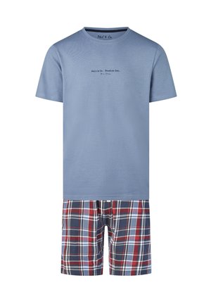 Light blue short-sleeve t-shirt with small text on chest paired with red, navy, and white plaid shorts pajamas.