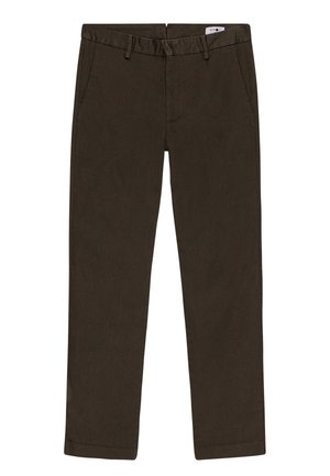 Donkerbruine broek met rechte pijpen, riemlussen, steekzakken aan de voorkant en een ritssluiting, plat gelegd op een witte achtergrond.