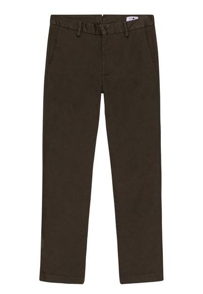Pantalon droit marron foncé avec passants de ceinture, poches avant et braguette zippée, posé à plat sur un fond blanc.