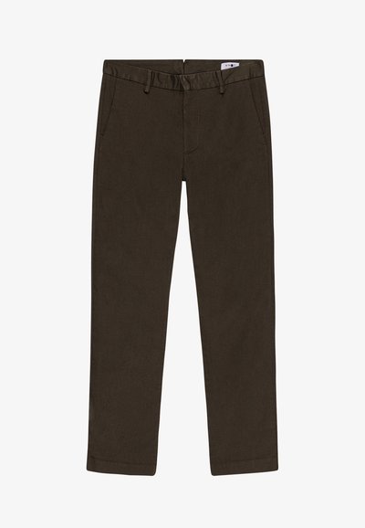 Pantalon droit marron foncé avec passants de ceinture, poches avant et braguette zippée, posé à plat sur un fond blanc.