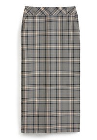 Gonna midi a quadretti nei toni beige, nero e rosa. Presenta un taglio dritto, una vita in evidenza e una sottile trama con un classico motivo a scacchi.