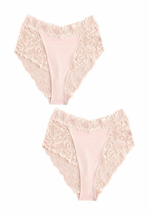 Light pink lace panties featuring floral lace trim along the waistband and leg openings, with a smooth central panel.