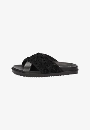 Schwarze Rutschen-Sandalen mit einem strukturierten floralen Design im oberen Bereich, einer glatten Innenauskleidung und einer strapazierfähigen Gummisohle.