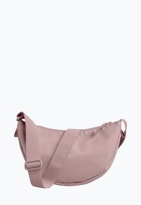 Borsa a tracolla ovalizzata in tessuto rosa, con una tracolla texture e chiusura con zip. Finitura liscia, design minimalista, materiale durevole.