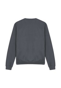 Gray sweatshirt displayed flat, focusing on the back view, showing a rounded neckline and ribbed cuffs. Simple and casual design.