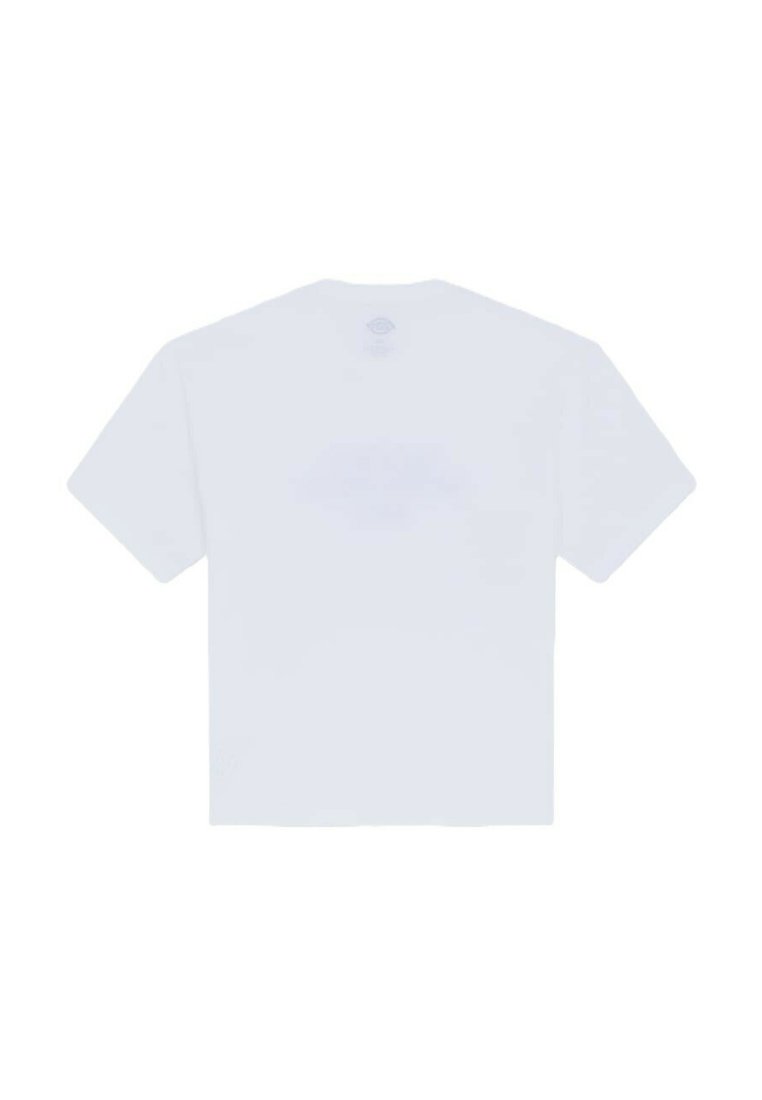 Ein schlichtes weißes T-Shirt mit kurzen Ärmeln, flach liegend, zeigt die Rückseite mit einem schwachen Logo nahe dem Halsausschnitt.