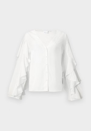 Hvit bluse med V-hals, knappestengning og voluminøse rynkede ermer. Laget av glatt stoff med et elegant, minimalistisk design.