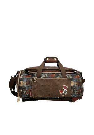 Braune Duffel-Tasche mit buntem Patchwork-Muster, Front-Reißverschlusstasche mit zwei Blumenmotiven und doppelten Tragegriffen mit Druckverschluss.