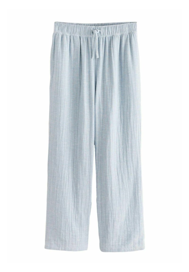 Pantalones de pijama azul claro, de mezcla de algodón, con un corte relajado, que cuentan con una cinturilla elástica y cordón. Tejido suave y texturizado, de longitud completa.
