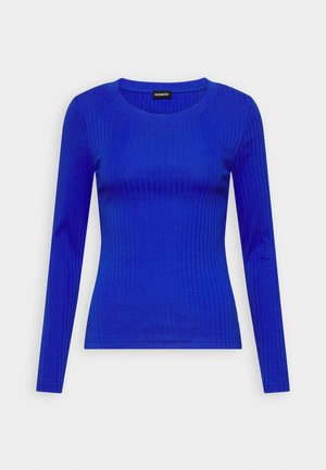 Ribbed long-sleeve top in bright blue. Features a crew neckline and a fitted silhouette, made from smooth, stretchy fabric.