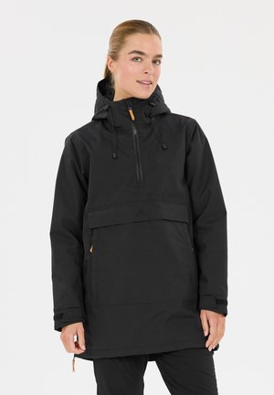 Schwarze Pulloverjacke mit einem Frontreißverschluss, verstellbare Kapuze und Kängurutasche. Mit orangefarbenen Akzenten und einem entspannten Design.