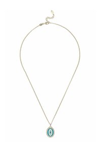 Kultakylkinen ketjunapit, jossa on ovaalimainen riipus, jossa on turkoosi kuvio ja kirkkaat kristallikoristeet, korostaen yksityiskohtaisia suunnittelun piirteitä.