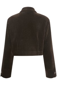 Kuttet brun kordfløyelsjakke med vertikale teksturerte striper, notched krage og kneppede mansjetter. Bakvisning viser skreddersydd design.