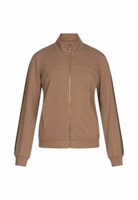 Bruine ritsjack met een hoge kraag, voorzien van textuur zwarte zijstrepen en een gladde stof. Inclusief een gouden ritsdetail.
