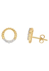 Guldörhängen med en vriden design och små, klara stenar satta i en rad, som visar en polerad finish och säker stiftbaksida.