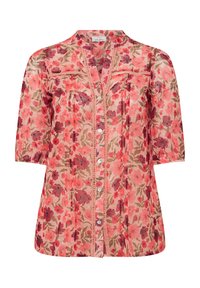 Blusa floreale con un motivo rosa e beige, maniche corte, chiusura con bottoni e dettagli in pizzo, decorata con fiori in tonalità di rosso e verde.