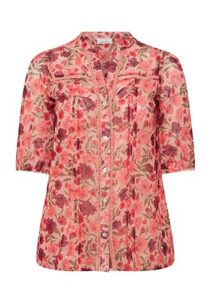 Floral blouse with a pink and beige pattern, short sleeves, button front, and lace accents, featuring flowers in shades of red and green.