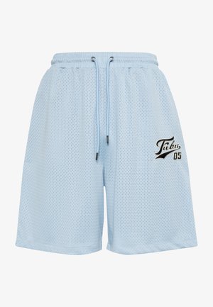 Heledad sinise võrgu kangast sportlikud lühikesed püksid elastse vöökoha ja paelaga. Vasakule küljele on brodeeritud must logo.