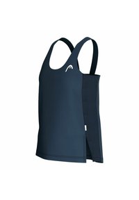 Canotta atletica navy con scollo rotondo, design a schiena scoperta e pannello laterale in rete. Presenta un orlo dritto e dettaglio del logo sul davanti.
