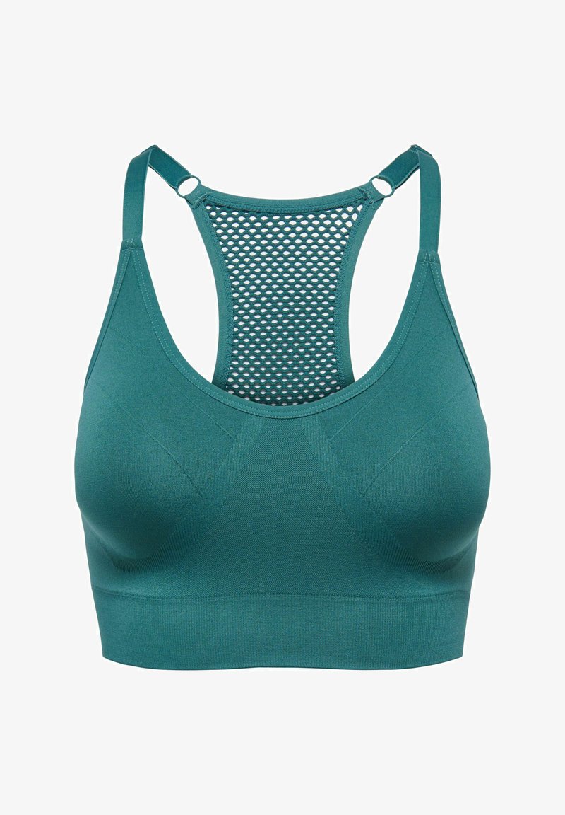 Sutien sport turcoaz, cu spate texturat din plasă. Dispune de bretele reglabile și o bandă de netezire sub bust.