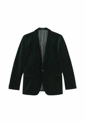 Blazer verde in velluto con vestibilità tailored, rever a punta, chiusura a un bottone, due tasche frontali e fodera in satin liscio.