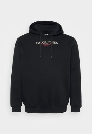 Zwarte hooded sweatshirt met de tekst "JACK & JONES Originals Studio" gedrukt op de borst en koorden aan de capuchon.