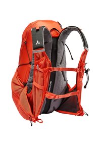 Rode lichtgewicht rugzak met gaasvakjes, gewatteerde achterkant en verstelbare schouderbanden. Kenmerkt grijze accenten en elastische trekkoorden voor veilige opslag.