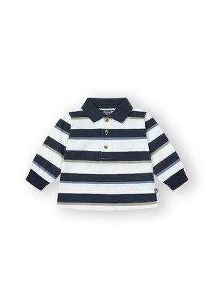 Camisa polo de manga larga a rayas en navy y blanco, con cuello, tapeta de tres botones y puños de punto. Tela de algodón clásica.