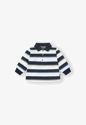 Camisa polo de manga larga a rayas en navy y blanco, con cuello, tapeta de tres botones y puños de punto. Tela de algodón clásica.